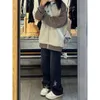 Women's Hoodies Deeptown Kpop Star Khaki Patchwork Women Fashion Zip Sweatshirt Streetwear Casual Oversize Coat P230518