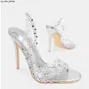 Sandaler Summer Fashion Rhinestone PVC Clear Heels Stilettos Sandaler Damer Point Toe Party Silver Wedding Shoes Gold Slip-On Sandaler J230518