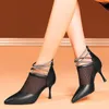 Dress Shoes High Heels Women's Rhinestone Strappy Cow Leather Pointed Toe Party Pumps Slim Heel Summer Ankle Boots Wedding Shoe