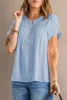 Sky Blue Crochet Eyelet Short Sheeves Top 2023 Hot New H0BC#