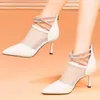 Dress Shoes High Heels Women's Rhinestone Strappy Cow Leather Pointed Toe Party Pumps Slim Heel Summer Ankle Boots Wedding Shoe