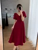 Vestidos casuales básicos Verano elegante con cuello en V Manga abullonada Vestido rojo para mujer Casual Una línea Boda Fiesta de cumpleaños Vestidos Moda Ropa femenina 230518