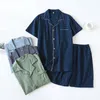 Men's Sleepwear Men's Short-sleeved Shorts Sets Summer Thin Yarn-dyed Lounge Sets Washed Cotton Large Plaid Pajamas Set Pijama sleep wear men 230518