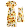 Family Matching Outfits Sunflower Print Dress for Women Girls TwoWays Wear Long Maxi Dresses Mommy and Me Clothes Holiday Beach Look 230518