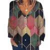 女性のブラウスシャツ幾何学的六角形プリントディープVネックボタン長袖ブラウストップ230517