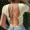 Kvinnors T-skjortor Kvinnor Sexig backless Crop Top Solid Color Bandage Wrap Bustier T-shirt Kort ärm Bas Tops Bind Ladies Tight Tee Shirt