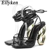 Sandalet Eilyken Seksi Ayak Bileği Çapraz Kayış Sandalet Kadın Yaz Zımbesi Moda Açık Ayak Toe Kulüp Striptizci Tasarım Fretwork Heels Ladies Ayakkabı J230518