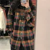 Damesblouses plaid shirts vrouwen vintage all-match college mode herfst elegante vrouwelijke turn-down kraag zakken baggy gezellige Koreaanse stijl