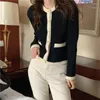 Women's Knits Fall Fashion Black Beige Knitted Cardigan O Neck Retro Vintage Pearl Button Short Sweater Color Contrast Chic Top Knitwear