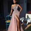 Elegant Off Shoulder Long Prom Dresses Full Beaded for Arabic Women Sexy Front Split Formal Evening Pageant Gowns Dress Robe De Soiree