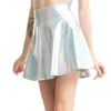 Kjolar kvinnor veckade a-line skater kjol sommar glänsande metalliska holografiska mini kjol sexig klubb disco harajuku mini kjol 230518