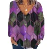 Women's Blouses Shirt Geometric Hexagon Print Deep V Neck Buttons Long Sleeve Blouse Top 230517
