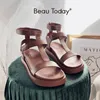Sandalet Beautoday Yaz Gladyatör Sandalet Kadın Calfskin Deri Açık Ayak T-Bar Kayış Kancası Döngü Yaz Bayanlar Ayakkabı El Yapımı 07130 230518