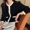 Women's Knits Fall Fashion Black Beige Knitted Cardigan O Neck Retro Vintage Pearl Button Short Sweater Color Contrast Chic Top Knitwear