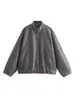 Kvinnorjackor Spring Warm Grey Long Sleeve Bomber Jacket Ytterkläder med knappfickor Päls tjockt för kvinnor 230518