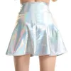 Kjolar kvinnor veckade a-line skater kjol sommar glänsande metalliska holografiska mini kjol sexig klubb disco harajuku mini kjol 230518