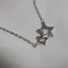 Hänghalsband riktiga 925 Sterling Silver Crystal Double Stars Necklace Rhodium Plated CZ Choker smycken för flickor