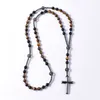 Chokers Natural Black Onyx With Tiger Eye Stone Catholic Christ Rosary Necklaces Hematite Cross Pendant Men Necklace Meditation Jewelry 230518