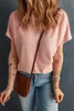 Haut en tricot gaufré rose à large col droit E5OU #