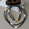 Choker 2 rijen natuurlijke echt gefacetteerde rondelle zwart onyx gekweekte witte zoetwater parel ketting 17 "voor vrouwen