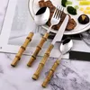 Ensembles De Vaisselle 24pcs Ensemble De Vaisselle En Bambou En Acier Inoxydable Nature Poignée Rétro Vaisselle Couverts Couteaux À Steak Table Fourchette Cuillère Dessert Cadeau 230518