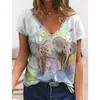 女性のTシャツ象のパターン3Dプリント女性VネックTシャツカジュアルレディ半袖レディ大型プルオーバーファッショントップ