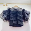 Dames blouses dames zomer zoete gelaagde ruches organza shirt dames bladerdeeg korte mouw terug veter zipper mesh crop top 5 kleuren