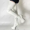 Olomm Handmased Women Platform Lår High Flexible Boots Stiletto klackar Rund tå Eleganta svarta festskor USA storlek 5-20