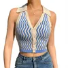 Serbatoi da donna Sexy Backless Knit Crop Top Canotta da donna con scollo all'americana Bottone casual Esposto all'ombelico Canotta da donna con scollo a V Canotta a righe