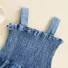 Barboteuses Bébé Fille Vêtements D'été Denim Barboteuse Sans Manches Jarretelles Conception Plissée À Volants Ourlet Bas Bouton Pression Mignon Combinaison 230517