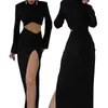 Deux pièces robe charmante femmes jupe ensembles col haut à manches longues couleur unie Crop hauts taille haute fendu cheville longue jupe femmes costumes P230517