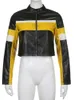 Vestes pour femmes Rapwriter Street Moto Biker Racing PU y2k Patchwork de couleur contrastée Manteaux courts en cuir Automne Harajuku Tenues zippées 230518