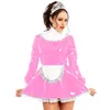 Robes Décontractées 24 Couleurs Dames Robe À Manches Longues A-ligne Avec Tablier Maid Wet Look Dentelle Épissage Cosplay Costumes Nouveauté Fête