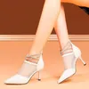 Dress Shoes High Heels Women's Rhinestone Strappy Cow Leather Pointed Toe Party Pumps Slim Heel Summer Ankle Boots Wedding Shoe