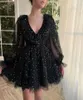 Abiti da festa Luccicanti increspature con paillettes Manica lunga a sbuffo Mini abito da sposa Abito da compleanno per donne taglie forti Serata da ballo