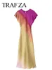 Grundlegende Freizeitkleider TRAFZA Damenmode-Druck-Kurzarmkleid Vintage Tie Dye O-Neck Midi-Kleider Frühlings-weibliches lässiges schickes Satinkleid 230517