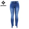 Jeans 2154 Youaxon skarvade jeans med falska bakfickor kvinna stretchig oregelbunden mager denim byxor byxor för kvinnor