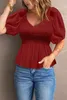 red Puff Sleeve Smocked Top 2023 Hot New 2023 Hot New N02u#