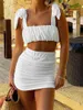 Tvådelad klänning WSEVYPO Chic Ruched Pleated Two-Piece kjolar för kvinnor Summer Fashion Tie Up Straps Crop Tank Tops+Wrap Kort kjol Dräkt P230517