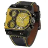 Zegarek zegarek na rękę oulm 9315 Sport Yellow Dial Watches podwójna strefa czasowa skórzana zegarek