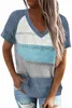 sky Blue Stripe Print Knitted V Neck Top 2023 Hot New T89g#