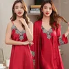 Women's Sleepwear Women's Long Bathrobe Set Solid Lace Sexy Autumn Sleeve Ladies Silk Nightwear Robe With Sashes Summer 2023