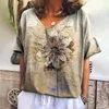 女性用Tシャツヴィンテージ植物パターン3Dプリント女性VネックTシャツカジュアルレディ半袖レディ特大のプルオーバーファッショントップ