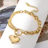 Pulseras de eslabones, pulsera de corazón de acero inoxidable a la moda para mujeres y niñas, cadena circular de Color dorado, joyería para mujer