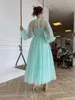 Party Dresses Mint Dotted Tulle Prom O-Neck Long Puff Sleeves Illusion A-Line Homecoming Gowns Buttoned Top -Length Girls