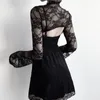 Women's Blouses Shirt Vintage Flare Long Sleeve Slim Bolero Ruffles Stand Collar Floral Lace Shrug Sexy Sheer Black Cardigan Top 230517