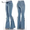 Calças de brim femininas streetwear magro angustiado alargamento moda coreana kawaii rendas até arco azul preto sino inferior calças jeans mais tamanho