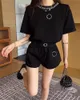 Women's Two Piece Pants Sequin Jacquard Short Sleeve with Shorts Sports Suit Slimming Preppy Casual Two-Piece Set Black White for Summer Tracksuits