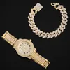 Montres-bracelets strass complets femmes montres or Rose montre dames poignet glacé cubain lien chaîne Bracelet femme Relogio Feminino