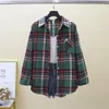 Damesblouses plaid shirts vrouwen vintage all-match college mode herfst elegante vrouwelijke turn-down kraag zakken baggy gezellige Koreaanse stijl